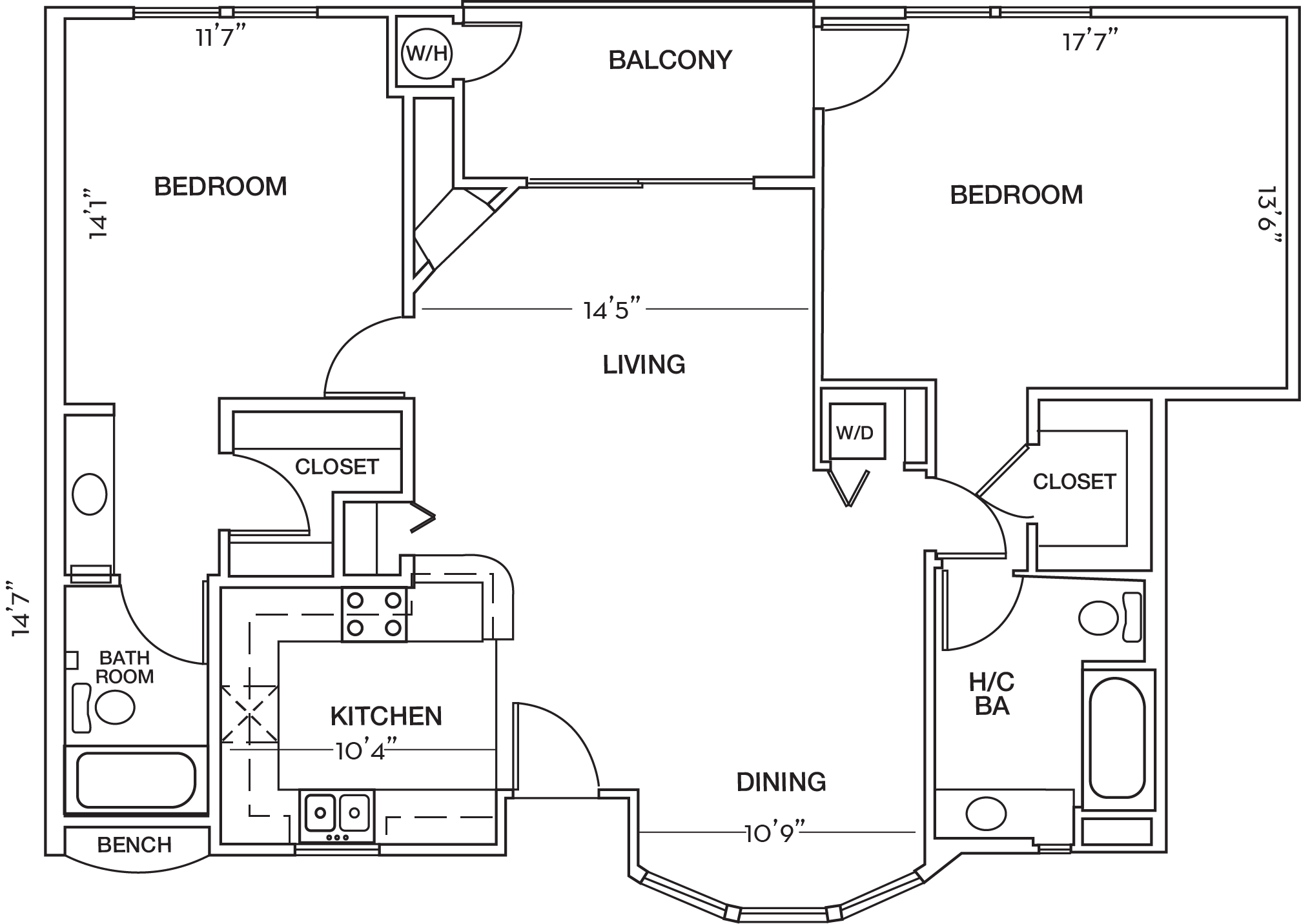 Two Bedroom Two Bathroom Floor Plan at Toluca Court, California